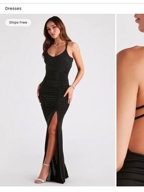 Windsor Black Ruched Maxi Dress with Thigh Slit